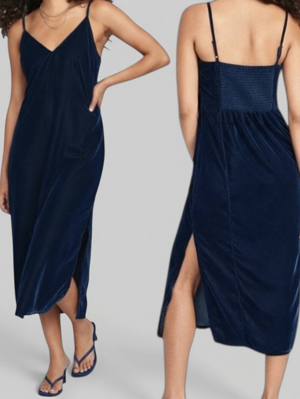 Old Navy Blue Velvet Velour Slip Maxi Dress Side Slit Spaghetti Strap V Neck NWT